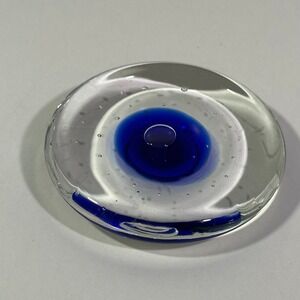 Hand Blown Glass Paperweight Soap Plate Swirl Blue Cobalt Abstract‎ Art MCM